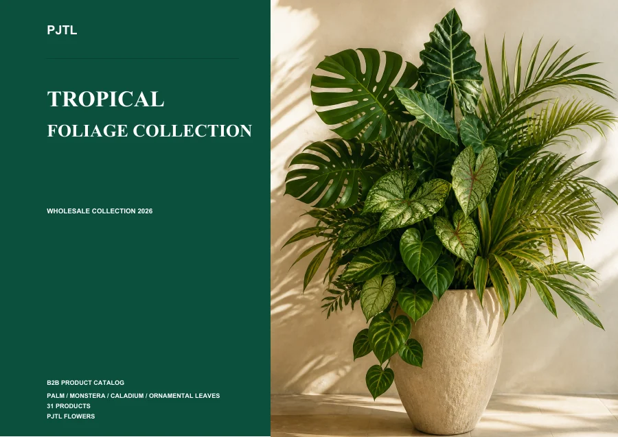 Artificial tropical foliage catalog cover featuring palm and monstera leaves
