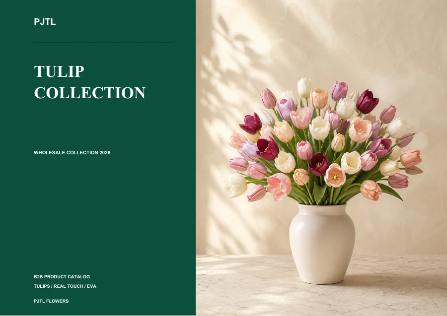 Artificial tulip catalog cover featuring pink, cream and burgundy tulips in a vase