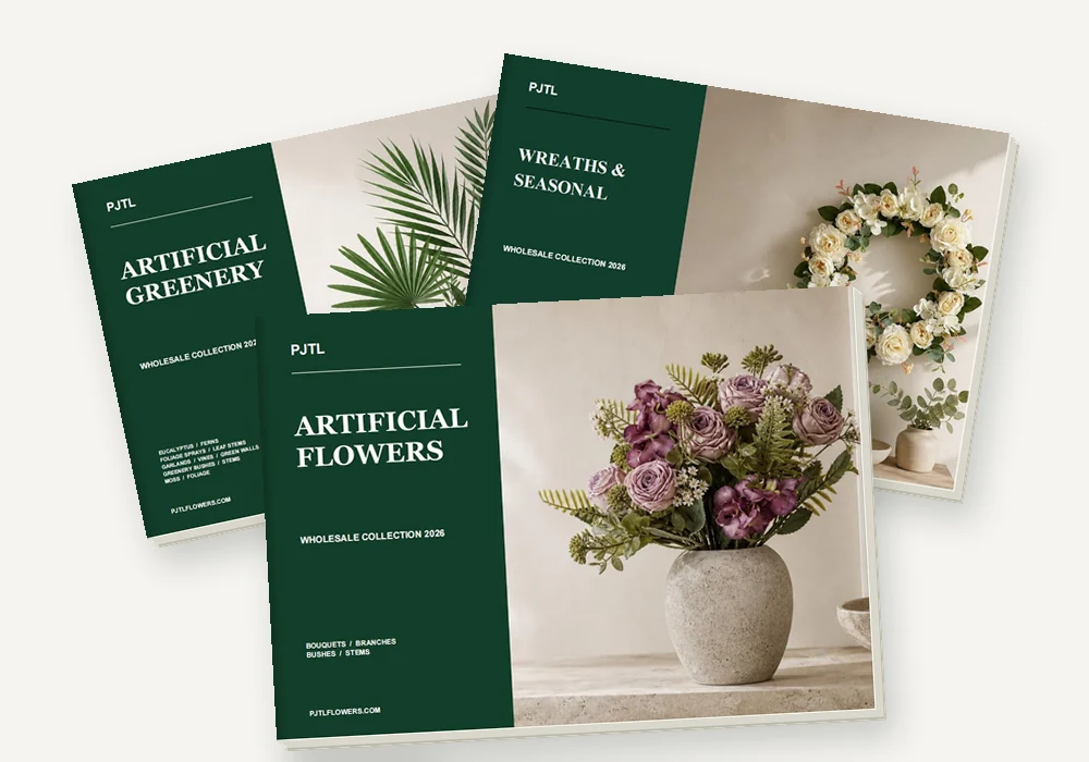 PJTL catalog covers for artificial flowers, greenery, wreaths and seasonal decorations.