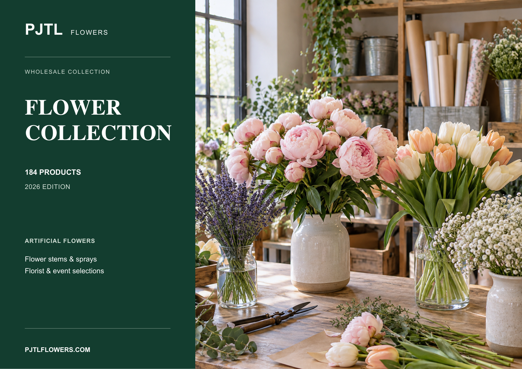 Cover of the PJTL Artificial Flower Collection Catalog 2026, featuring peonies, tulips and mixed flower arrangements in a floral studio