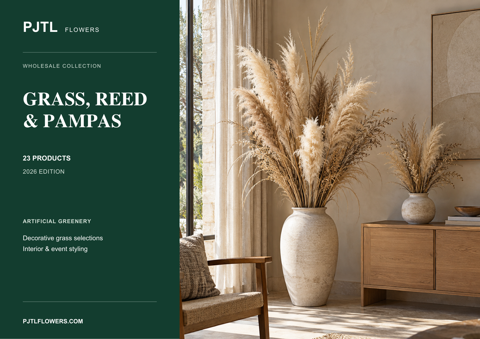 Cover of the PJTL Artificial Grass, Reed and Pampas Catalog 2026, featuring grasses, reeds and pampas arrangements in a neutral interior