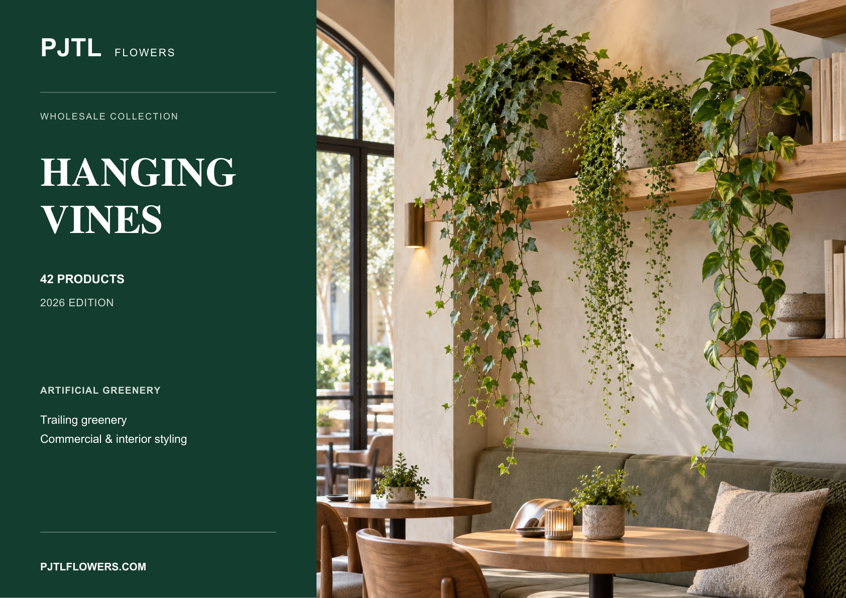 Cover of the PJTL Artificial Hanging Vines Catalog 2026, featuring trailing greenery on a shelf in a lounge