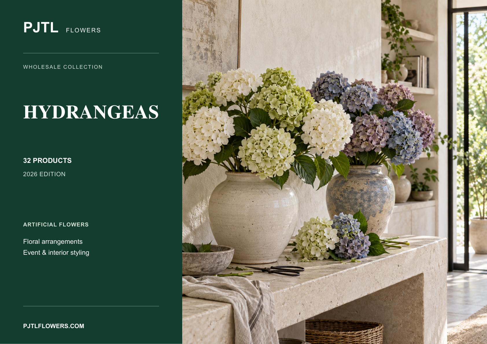 Cover of the PJTL Artificial Hydrangea Catalog 2026, featuring hydrangea arrangements in ceramic vases