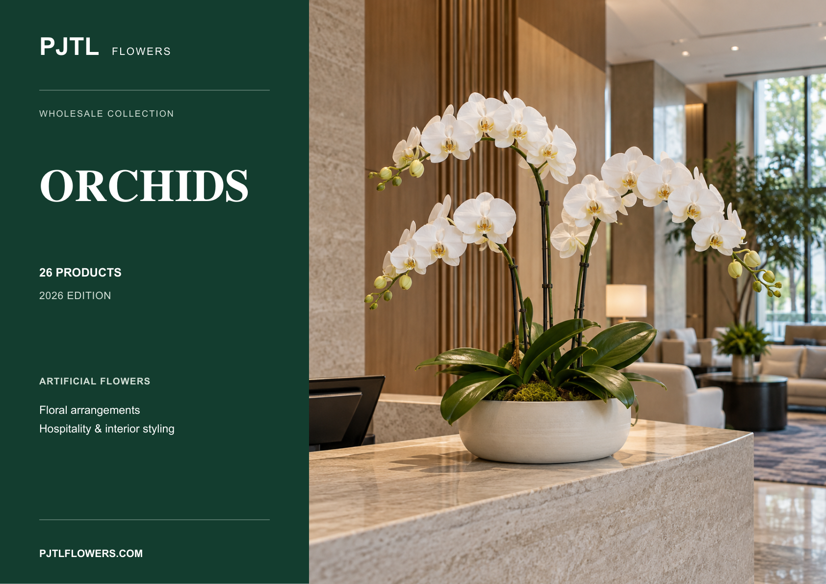 Cover of the PJTL Artificial Orchid Catalog 2026, featuring white orchids in a modern interior