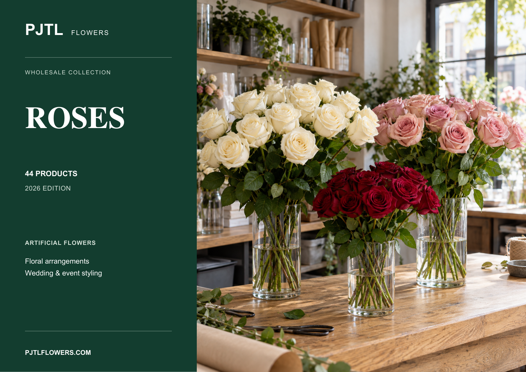 Cover of the PJTL Artificial Rose Catalog 2026, featuring ivory, pink and burgundy roses in glass vases