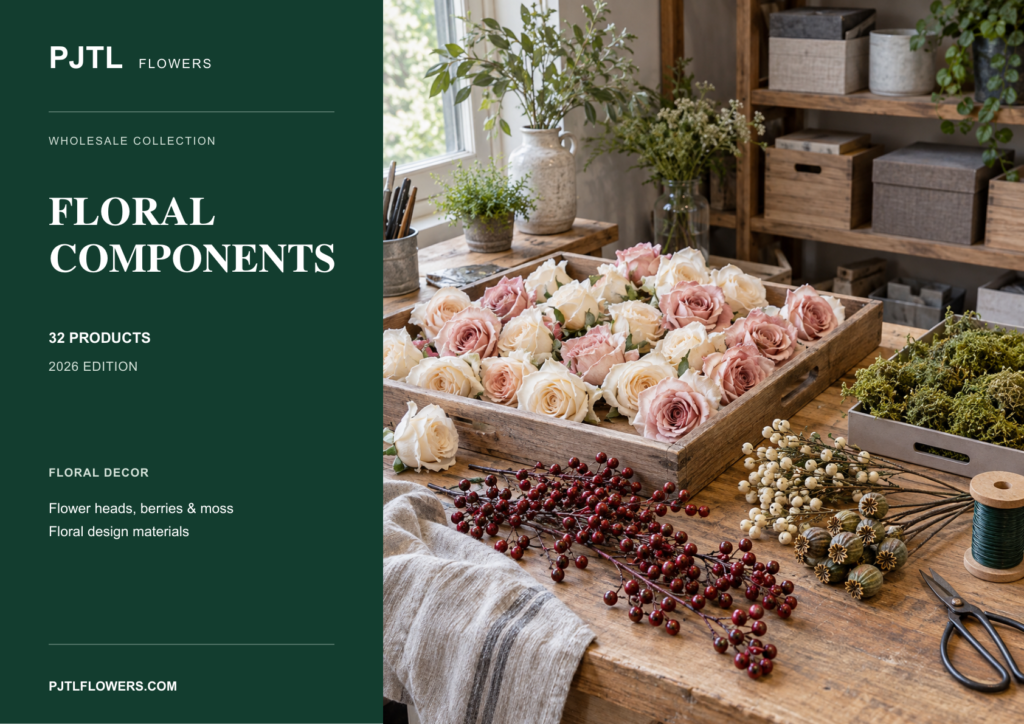 Cover of the PJTL Flower and Plant Components Catalog 2026, featuring loose flower heads, berries and moss on a floral workbench