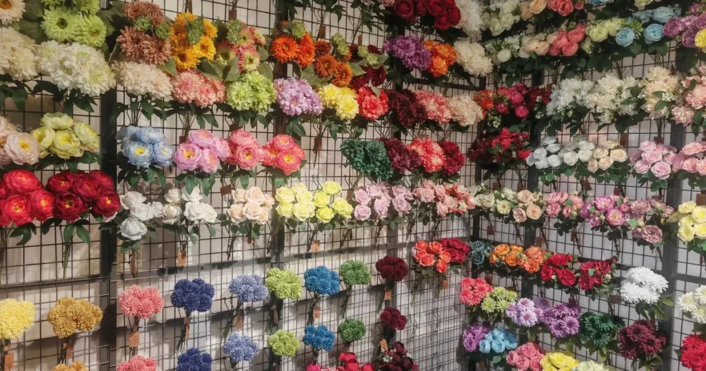 Artificial flowers in assorted colors displayed across a wall at PJTL