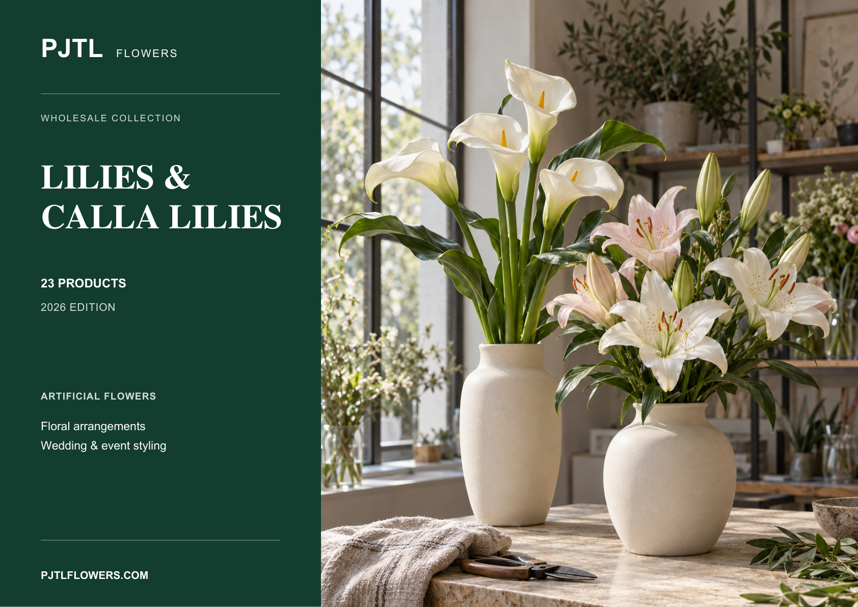 Cover of the PJTL Lily and Calla Lily Catalog 2026, featuring lilies and calla lilies in ceramic vases