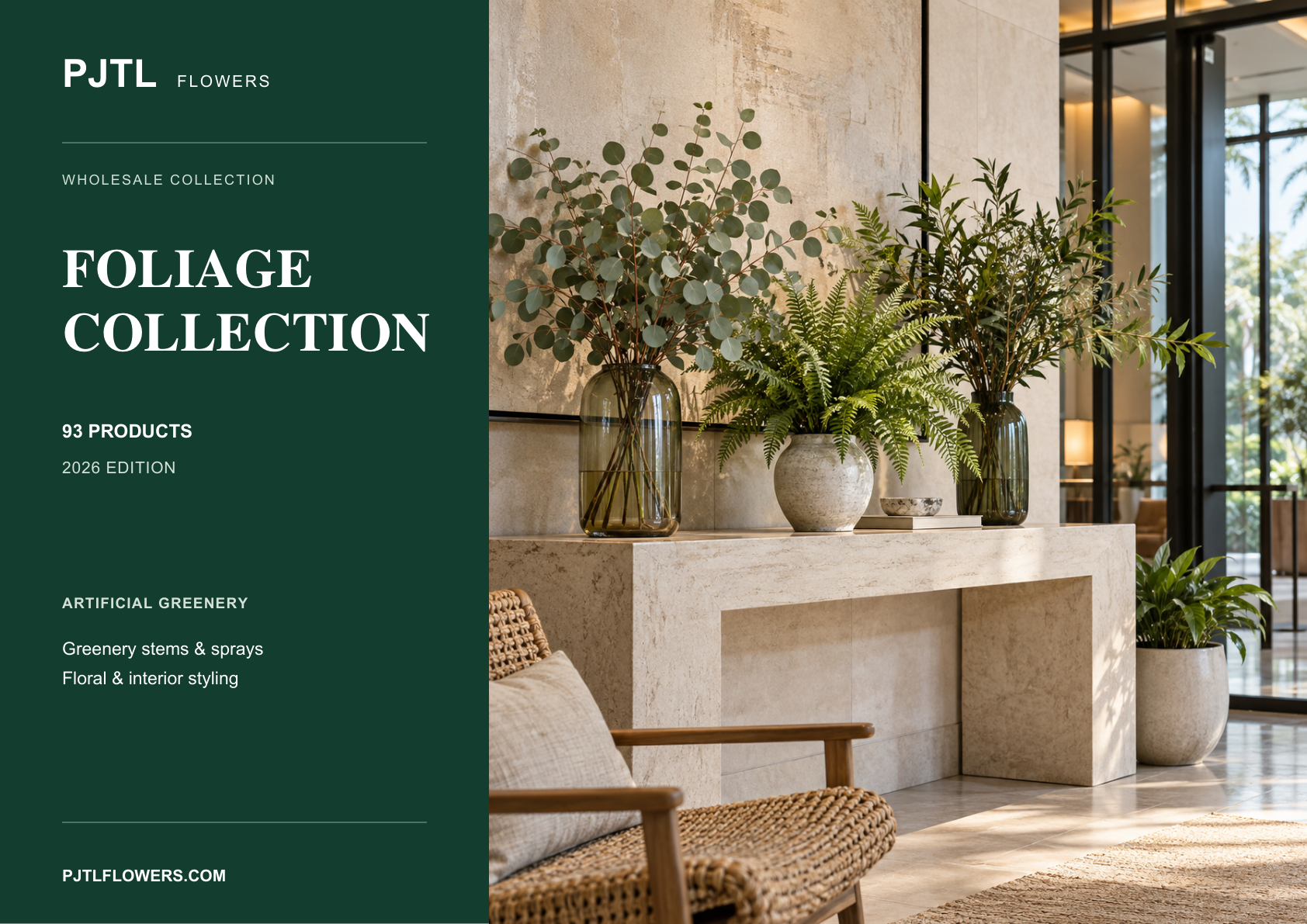 Cover of the PJTL Mixed Artificial Foliage Catalog 2026, featuring eucalyptus, fern and mixed foliage arrangements