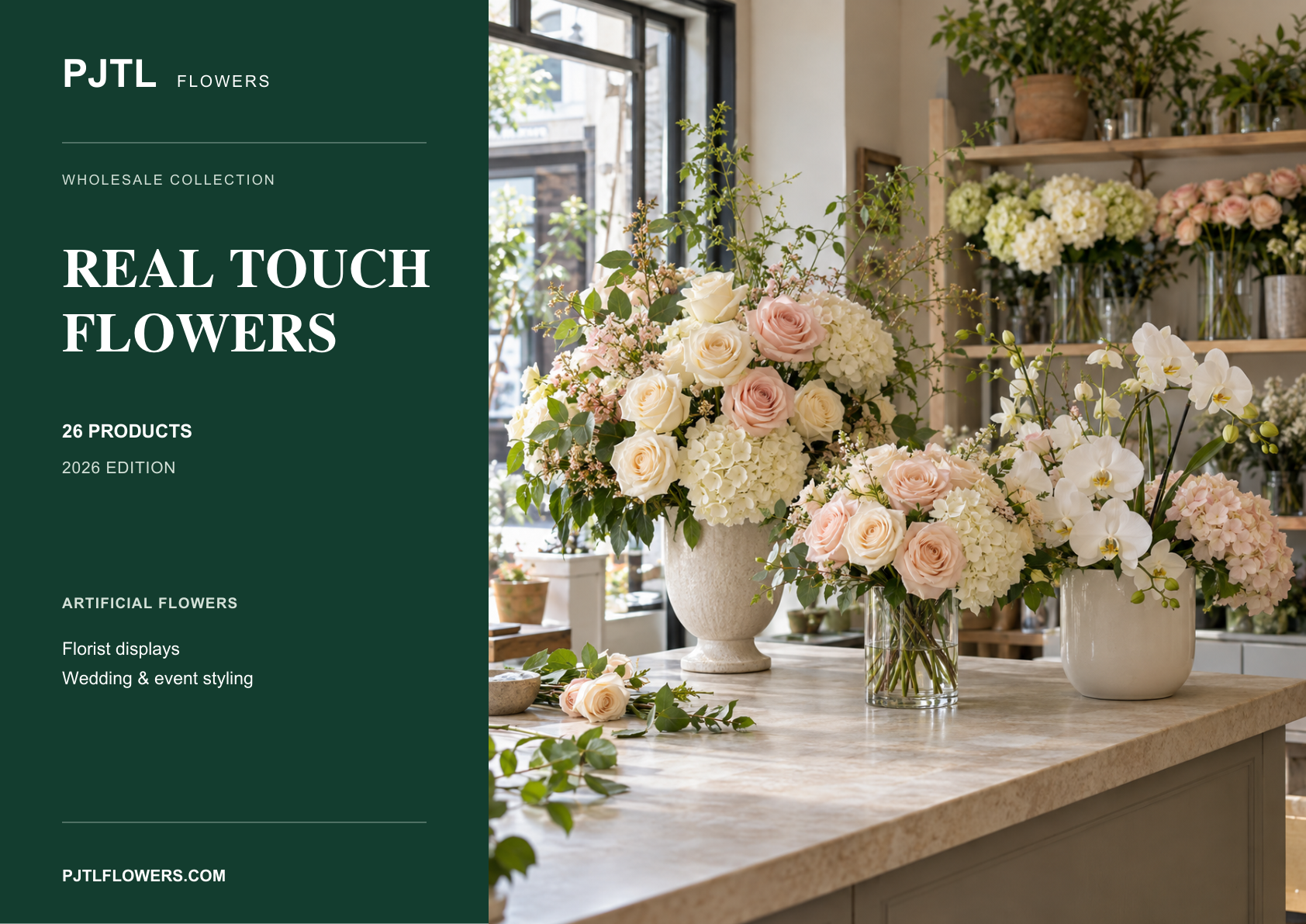 Cover of the PJTL Real Touch Flowers Catalog 2026, featuring rose, hydrangea and orchid arrangements in a florist shop