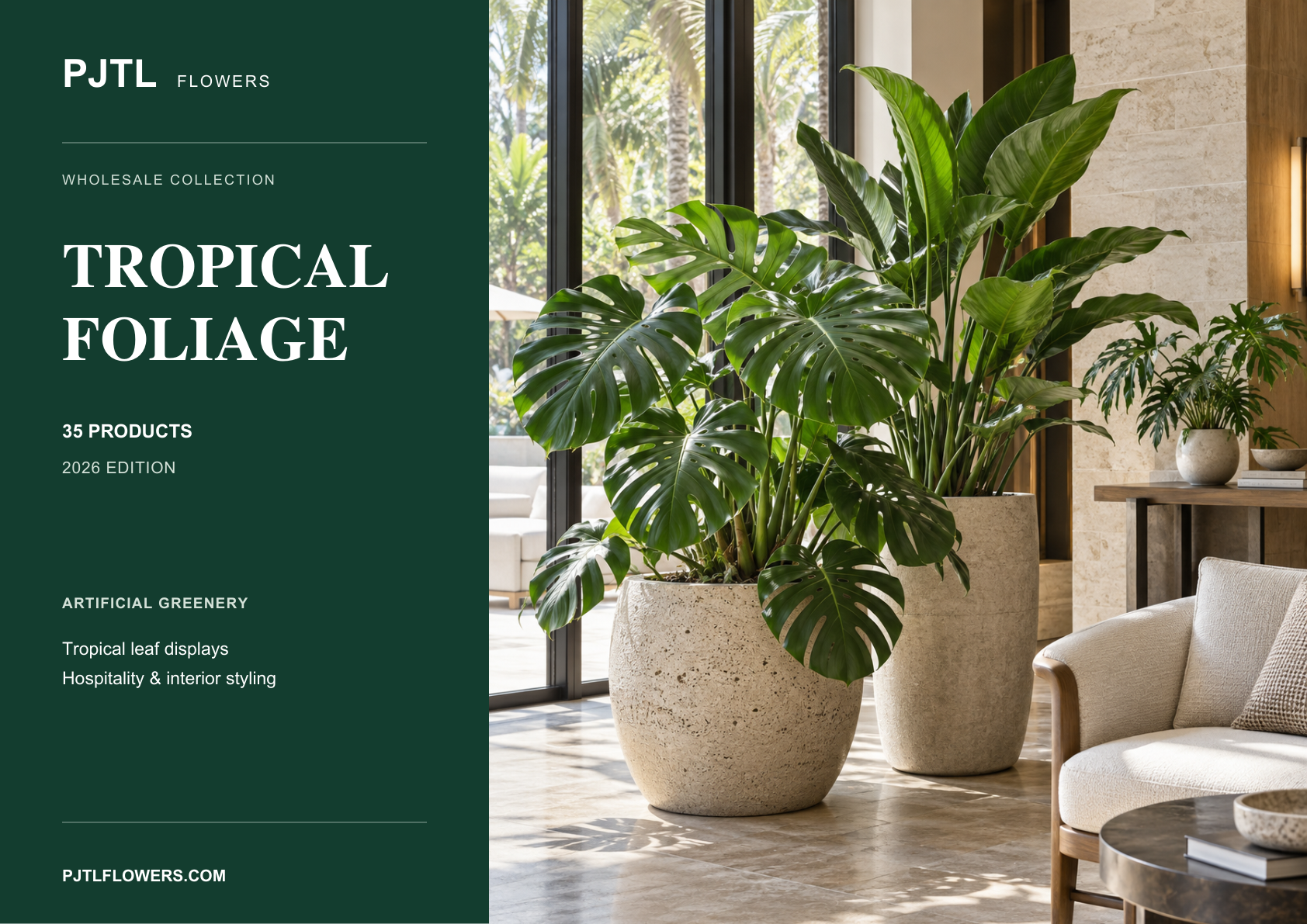 Cover of the PJTL Tropical Foliage Catalog 2026, featuring large tropical leaves in a modern interior