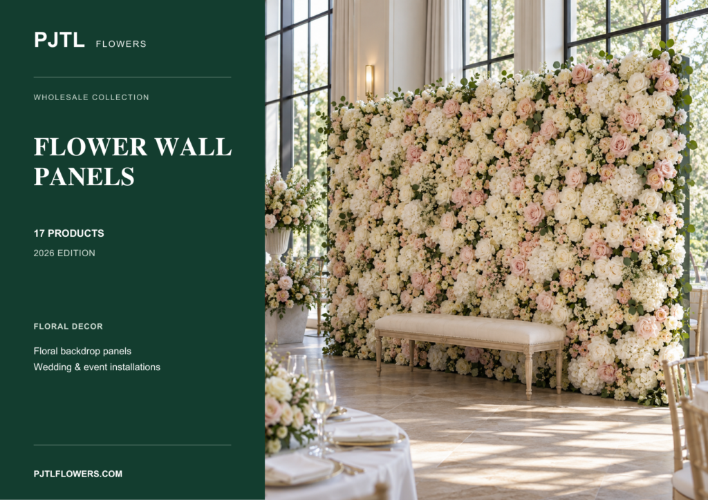 Cover of the PJTL Wedding Flower Wall Panels Catalog 2026, featuring a floral backdrop in a wedding setting